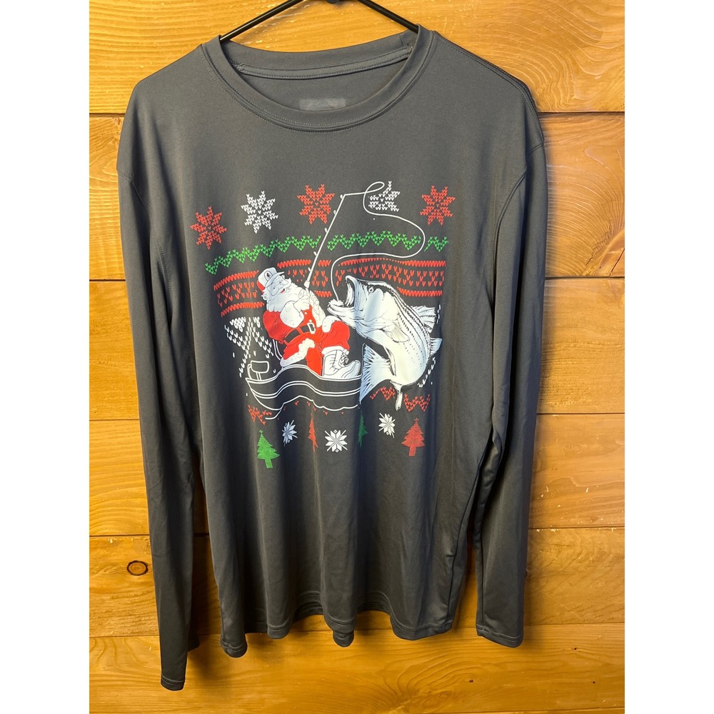 Vapor Apparel‎ Mens Fishing Santa Ugly Christmas Long Sleeve Shirt Large Holiay